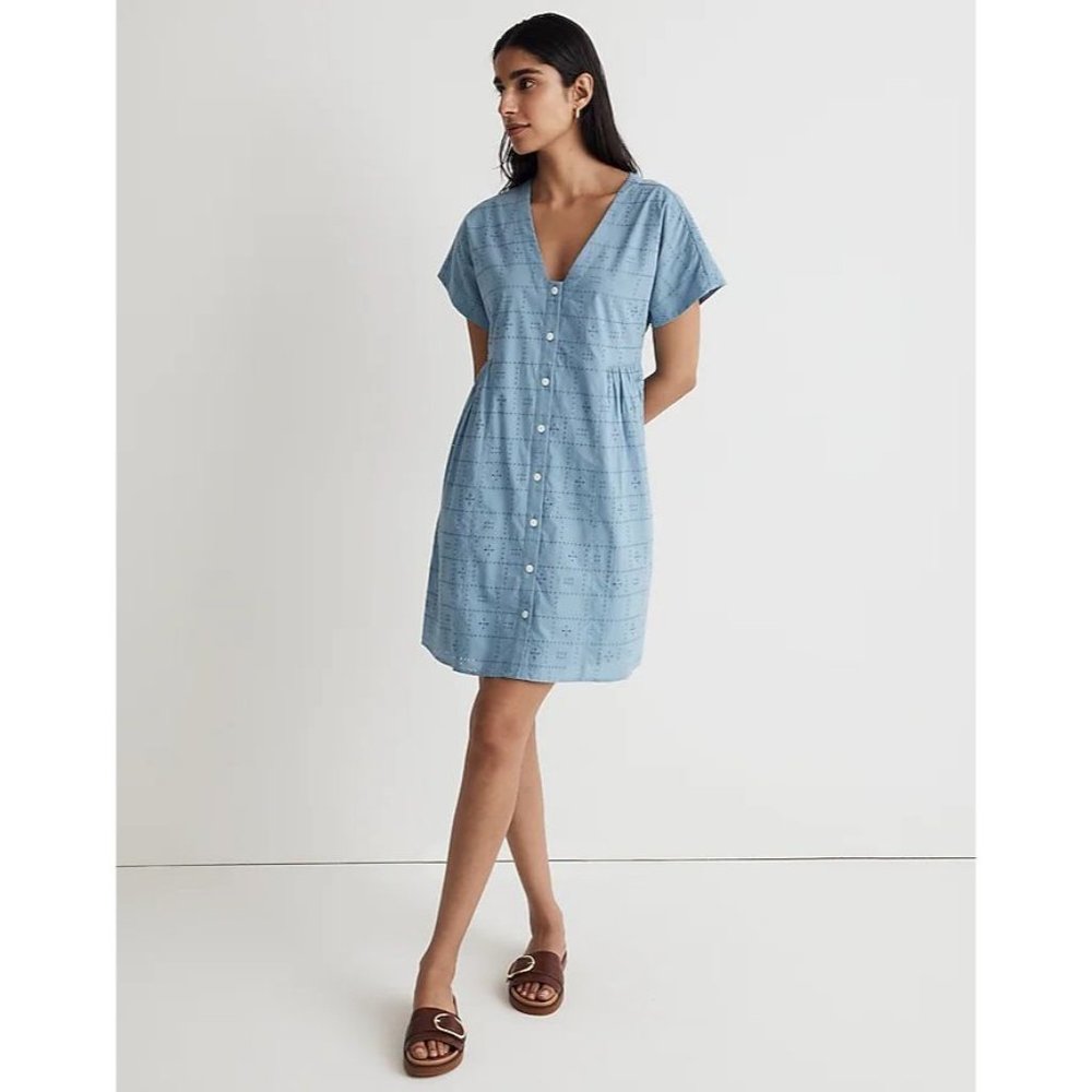 Madewell NWT Button-Front Eyelet V-Neck Mini Dress in Tranquil Lake size XXS